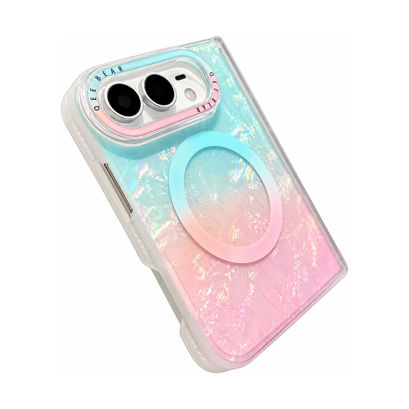 ライトブルー×ピンクのオーロラカラー マグネット対応 iPhoneケース、実物の柄と付属品の参考画像