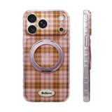 オレンジ×ピンクチェックの360度回転スタンド付きiPhoneケース 正面と側面