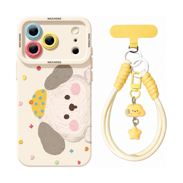 ドッグ柄+ストラップ(2点セット)の犬とゾウ柄 シリコン iPhoneケース、実物の柄と付属品の参考画像