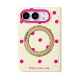 アイボリー×ローズピンクドット 360度リングスタンド付き折りたたみスマホケース 正面