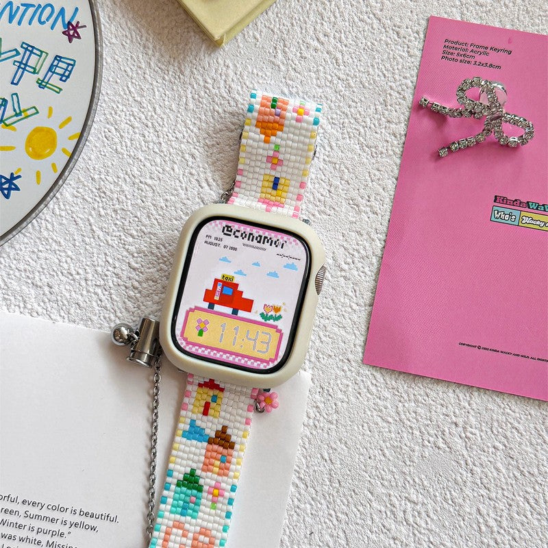 Apple Watch 米珠 ハンドメイドバンド ピクセルタウン カラフルなビーズ編みデザイン 全11機種対応 Miyuki ガラスビーズ