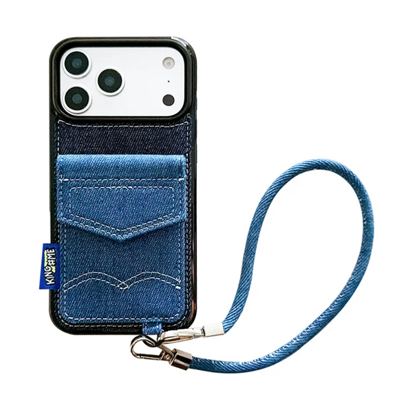 ブルーデニム+リストストラップ(2点セット)のブルーデニム カードポケット付き iPhoneケース、実物の柄と付属品の参考画像