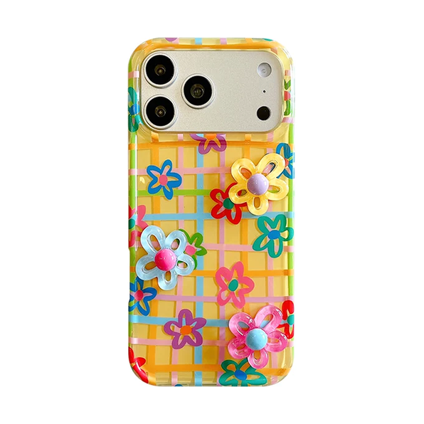 カラフルチェック+立体フラワーのカラフルチェックとフラワー柄iPhoneケース、実物の柄と付属品の参考画像