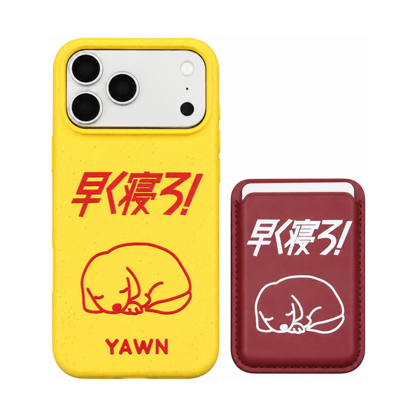 イエローケース+カードポケットのスリーピングドッグ MagSafeスタンド iPhoneケース、実物の柄と付属品の参考画像