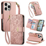 ピンクの手帳型 ボタニカル花柄 iPhoneケース PUレザー ショートストラップ付 エンボス加工