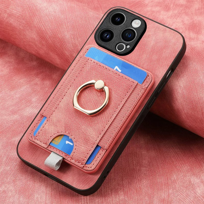 iPhone MagSafe ケース ピンク - 磁気カードホルダー一体型、リング金具 + 短ストラップ、PUレザー 多機能ウォレット