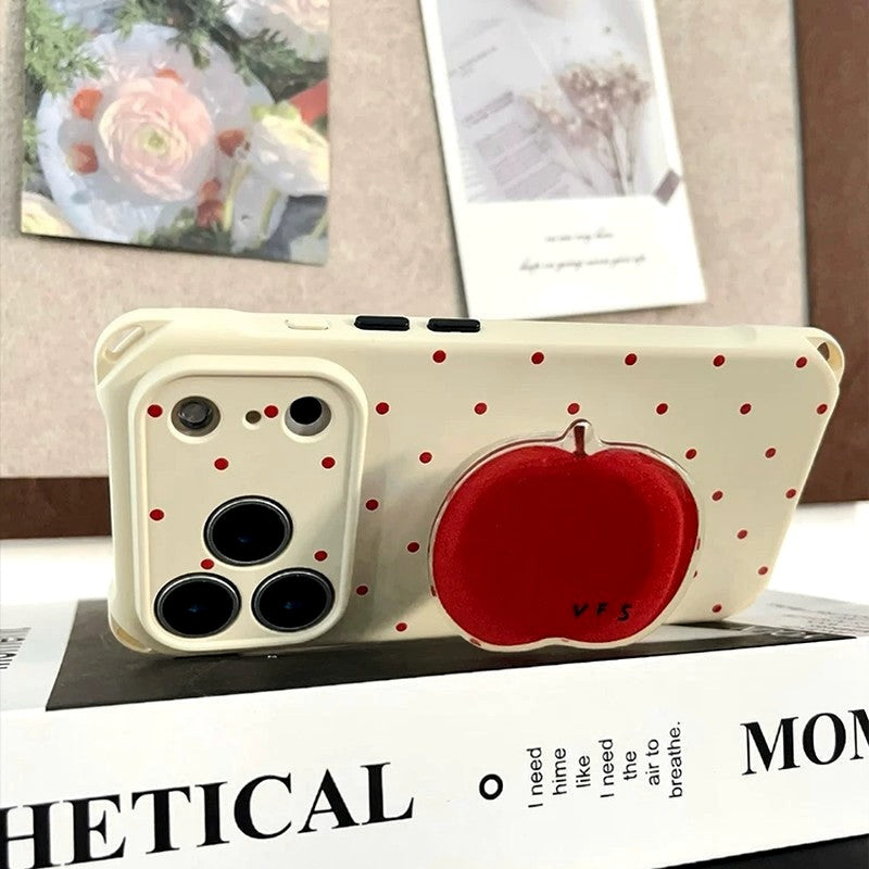 りんご型スタンド付き赤い水玉iPhoneケースの背面デザイン