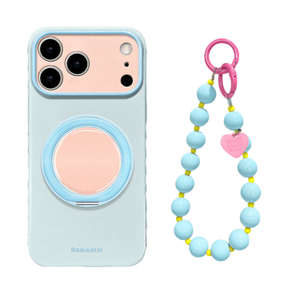 ライトブルー×ピンク ハート回転スタンド ストラップ付きiPhoneケース