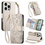 アイボリーの手帳型 ボタニカル花柄 iPhoneケース PUレザー ショートストラップ付 エンボス