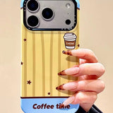 iPhone ケース ブルー×イエロー ストライプ Coffee time 耐衝撃 韓国 かわいい