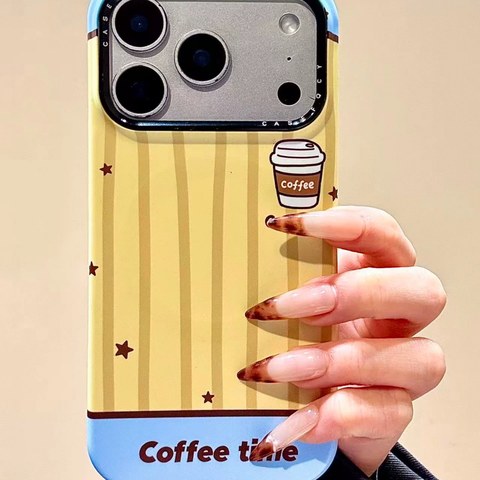 iPhone ケース ブルー×イエロー ストライプ Coffee time 耐衝撃 韓国 かわいい