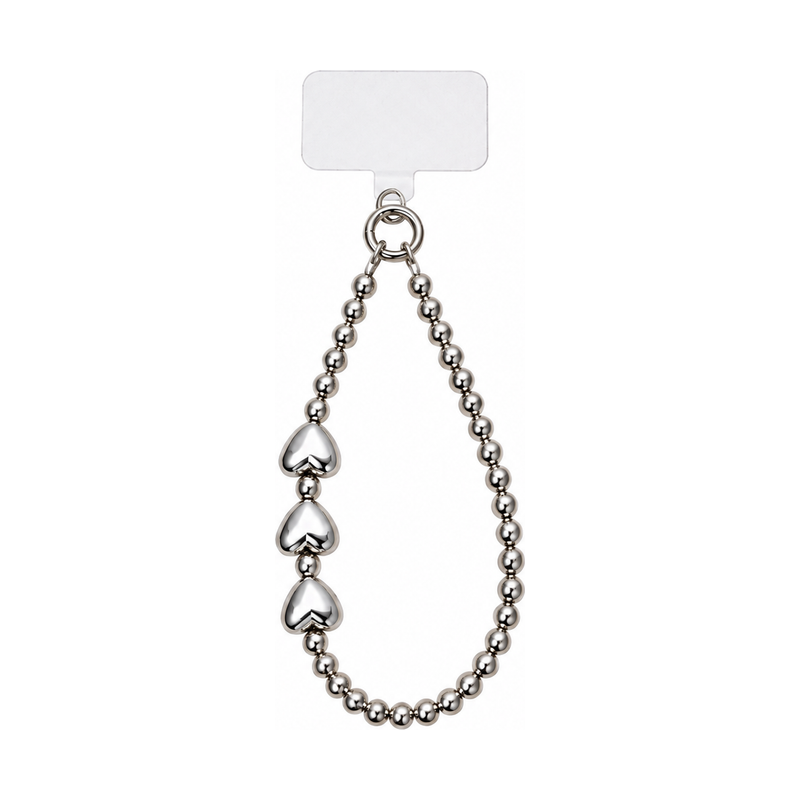 シルバー ハートボール(シート付き)のスマホストラップセット、純白背景の商品イメージ