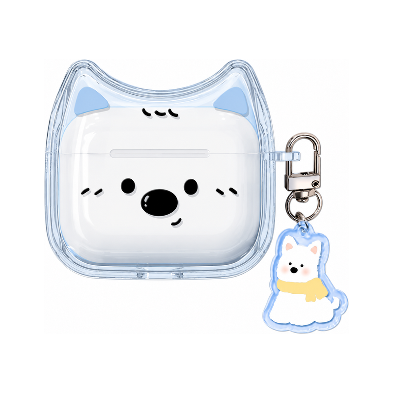 AirPods ケース+マフラー犬チャーム(2点セット)の犬耳＆フェイス クリア AirPodsケース、実物の柄と付属品の参考画像