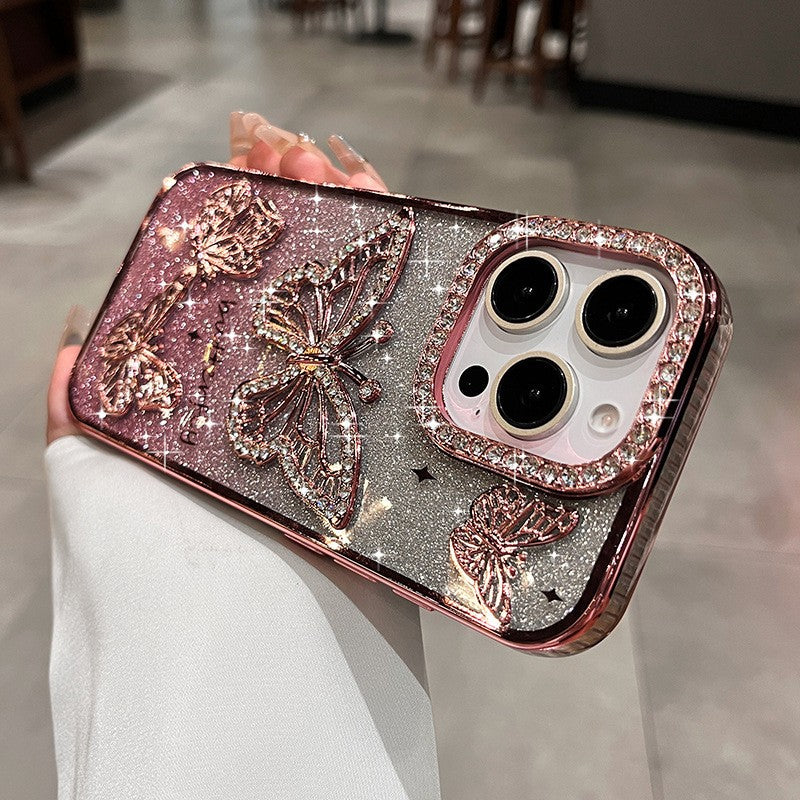 ラメ バタフライケース ピンク ビジュー iPhone