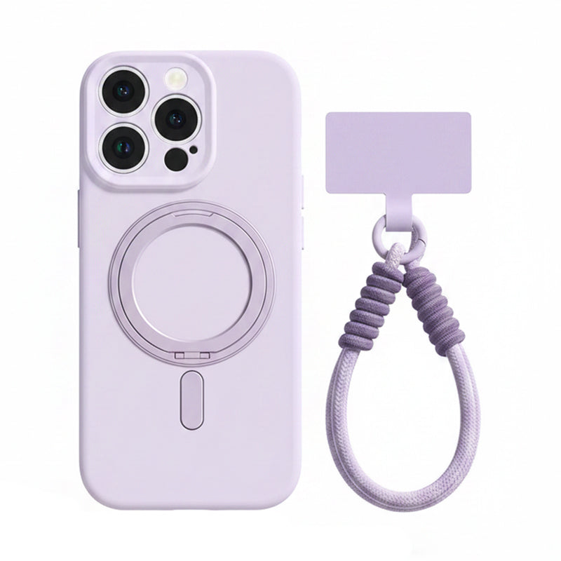 ライトパープルの回転リングスタンド付きiPhoneケースとリストストラップ