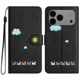 iPhone 手帳型ケース ブラック - 猫キャラ 5 匹 + 雲 + 太陽スマイル金具、ハンドストラップ + カード収納