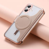 ローズゴールドのMagSafe手帳型iPhoneケース クリア背面・カード収納・スタンド付き