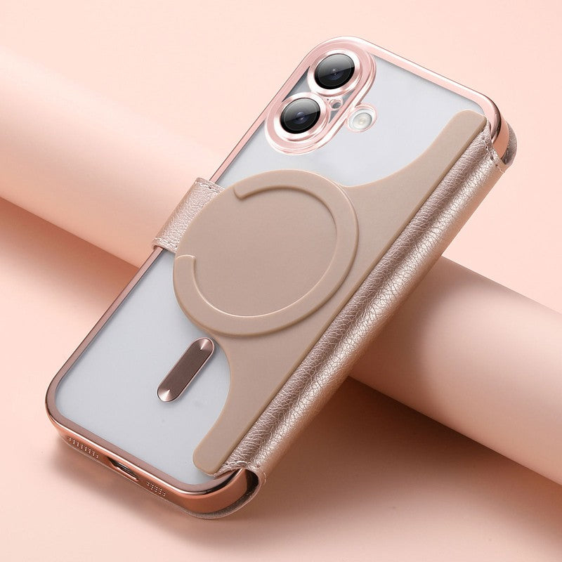 ローズゴールドのMagSafe手帳型iPhoneケース クリア背面・カード収納・スタンド付き