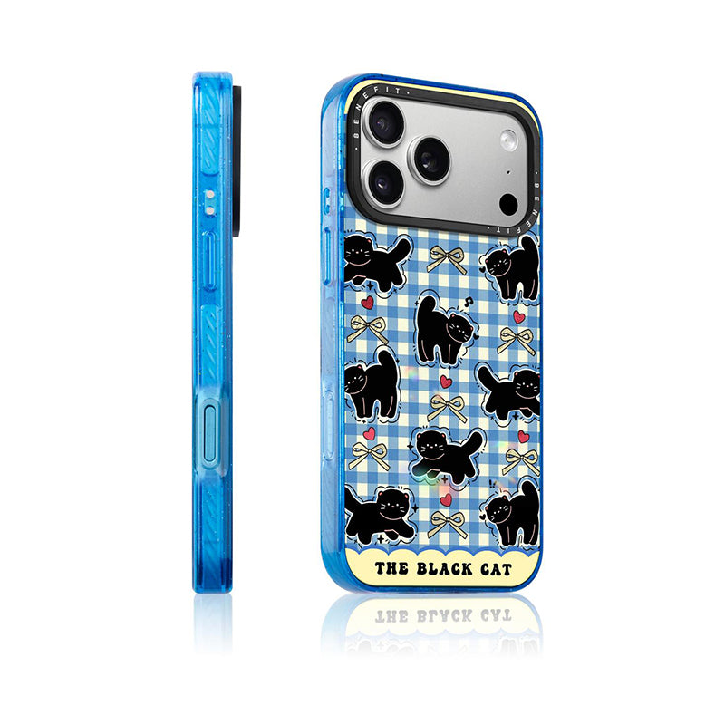 ブルーチェック 黒猫 iPhoneケース 側面