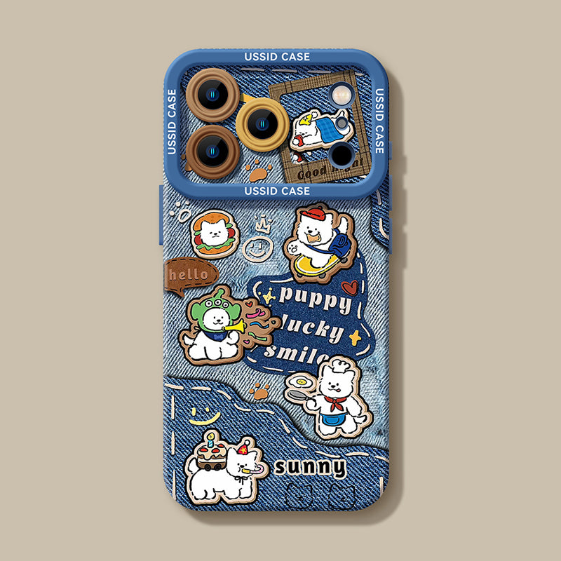 ベージュ背景に置いたデニムパピー柄iPhoneケース 単品