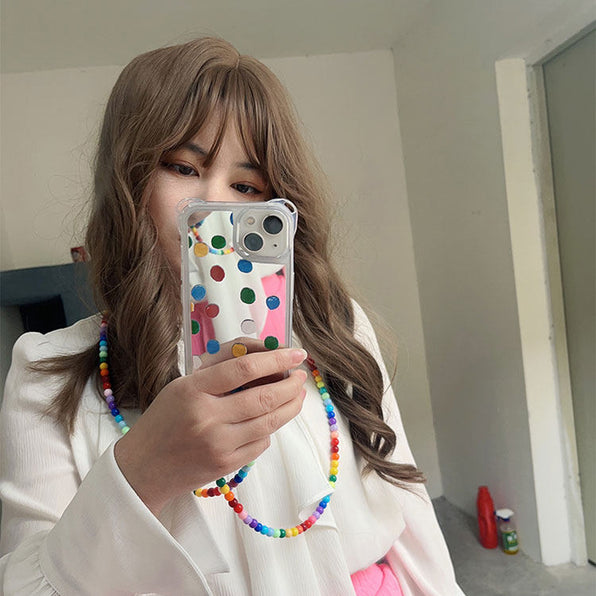 [Compatible with iPhone 18 Pro Max/18 Pro] iPhone Case with Strap, Mirror, Colorful Dots, Chain, Stand, Square Cutout, Compatible with iPhone 17 Pro Max/16/15/14, Korean Style, Unique