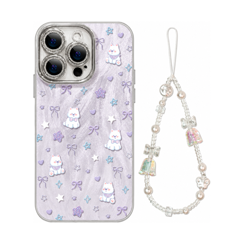 ドッグ柄+ストラップ(2点セット)の猫と犬柄 メタリック iPhoneケース、実物の柄と付属品の参考画像