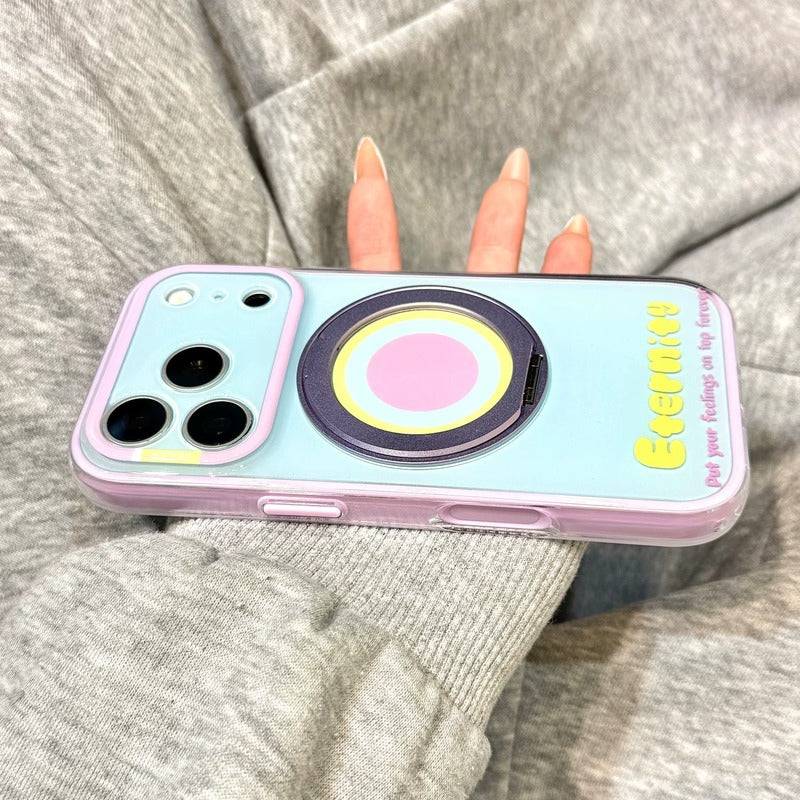パステル iPhone ケース 360 度回転リング 横置き 動画視聴 スタンド カラーブロック ガーリー パープル ブルー