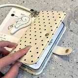 ホワイトの 手帳型 ドット柄 ミニバッグ iPhoneケース 天使の羽根 ストラップ付 PUレザー かわいい