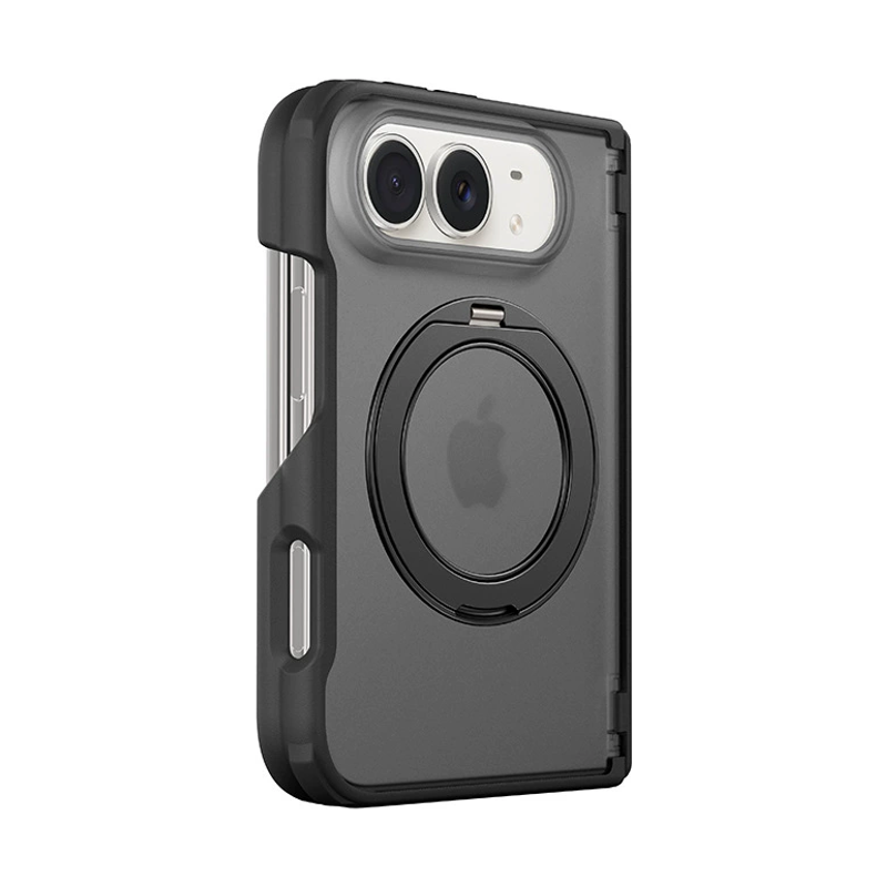 ブラックのリングスタンド マグネット対応 iPhoneケース、実物の柄と付属品の参考画像