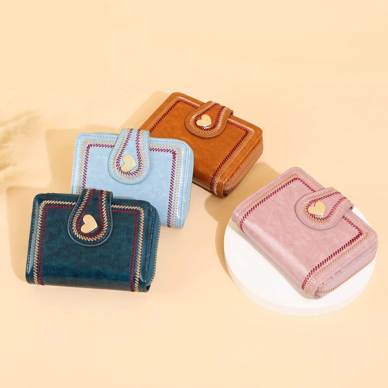 レトロ刺繍ステッチ ミニ財布 6色 レディース カード収納