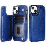 ブルーのレザー調iPhoneケース 背面カード収納・スタンド機能付き