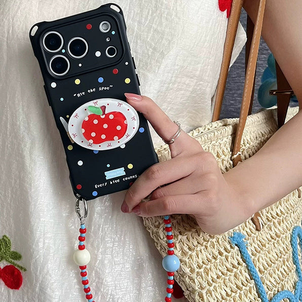 Smartphone Case with Rotating Stand, Apple Motif, Colorful Dot Pattern (with 2-Way Strap)
