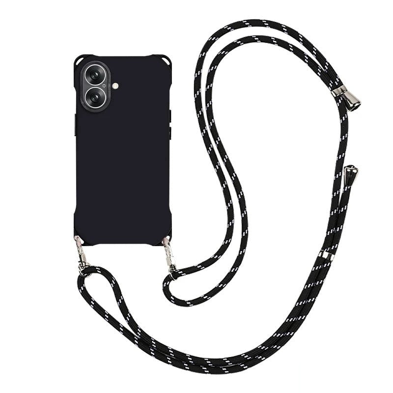 ブラックのショルダーストラップ付きiPhoneケース 白背景