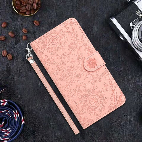 ピンクの手帳型 花柄 iPhoneケース PUレザー エンボス加工 韓国風 かわいい