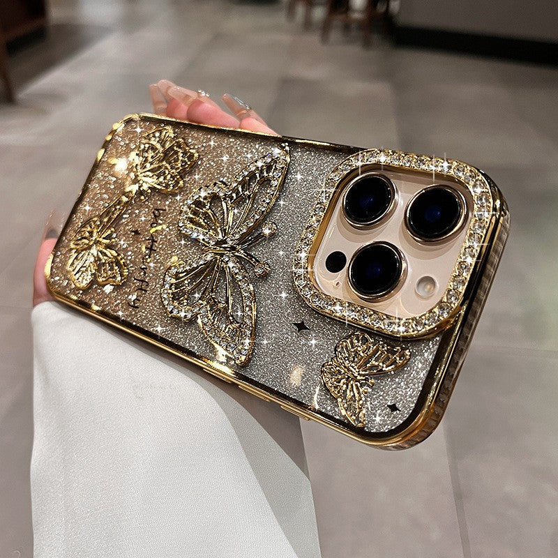 ラメ バタフライケース ゴールド ビジュー iPhone