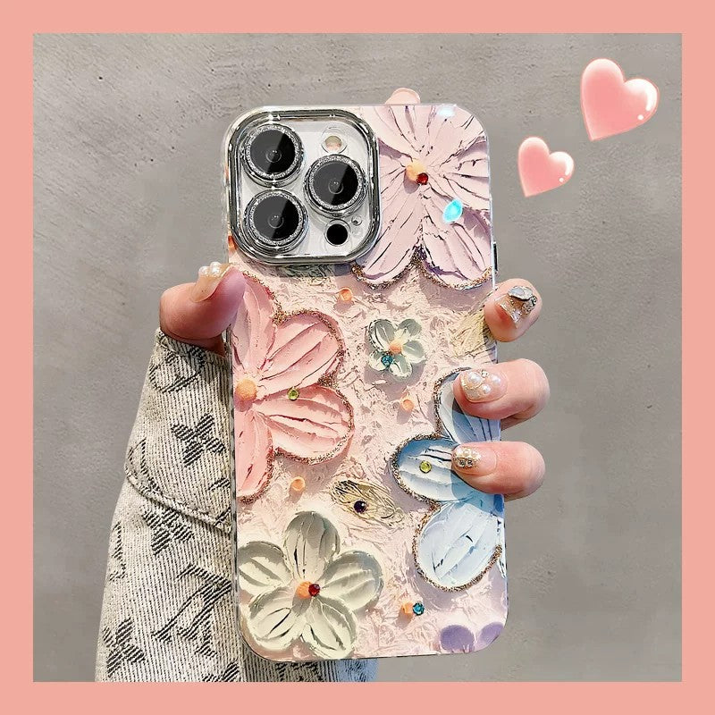 油絵フラワー柄iPhoneケース 単品 ラメ入りレンズフィルム付きの背面