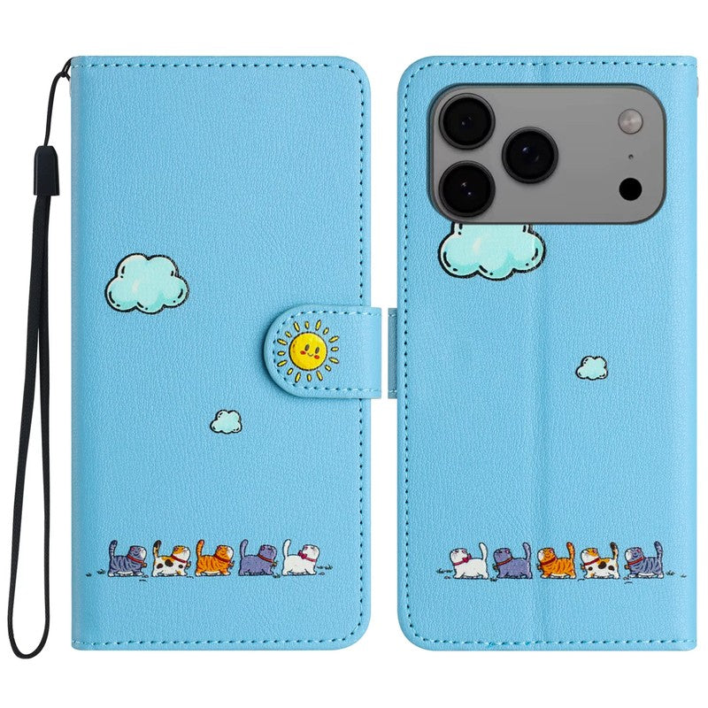 iPhone 手帳型ケース スカイブルー - 空と雲、太陽スマイル + 並ぶ猫イラスト、PUレザー 多機能ウォレット