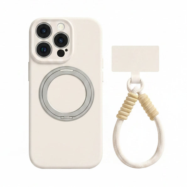 アイボリーの回転リングスタンド付きiPhoneケースとリストストラップ