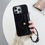 ブラックの多機能iPhoneケース ミラー・カード収納・スタンド付き