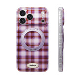 パープル×ピンクチェックの360度回転スタンド付きiPhoneケース 正面と側面
