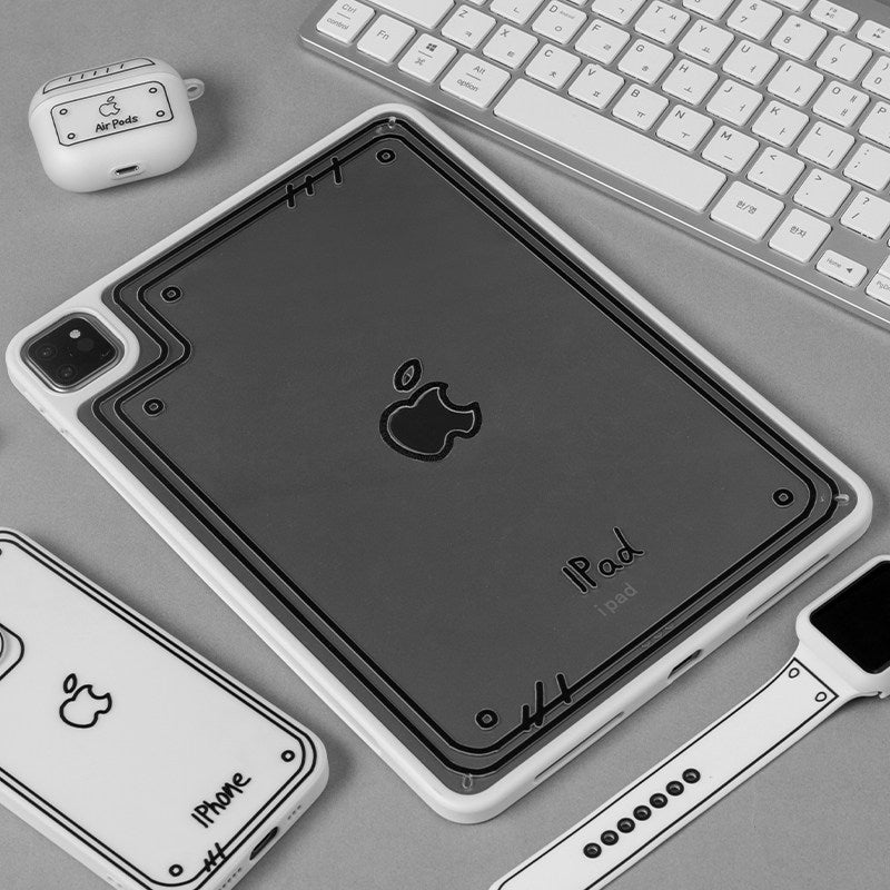 ホワイトフレームのクリアバックiPadケース デスク使用イメージ