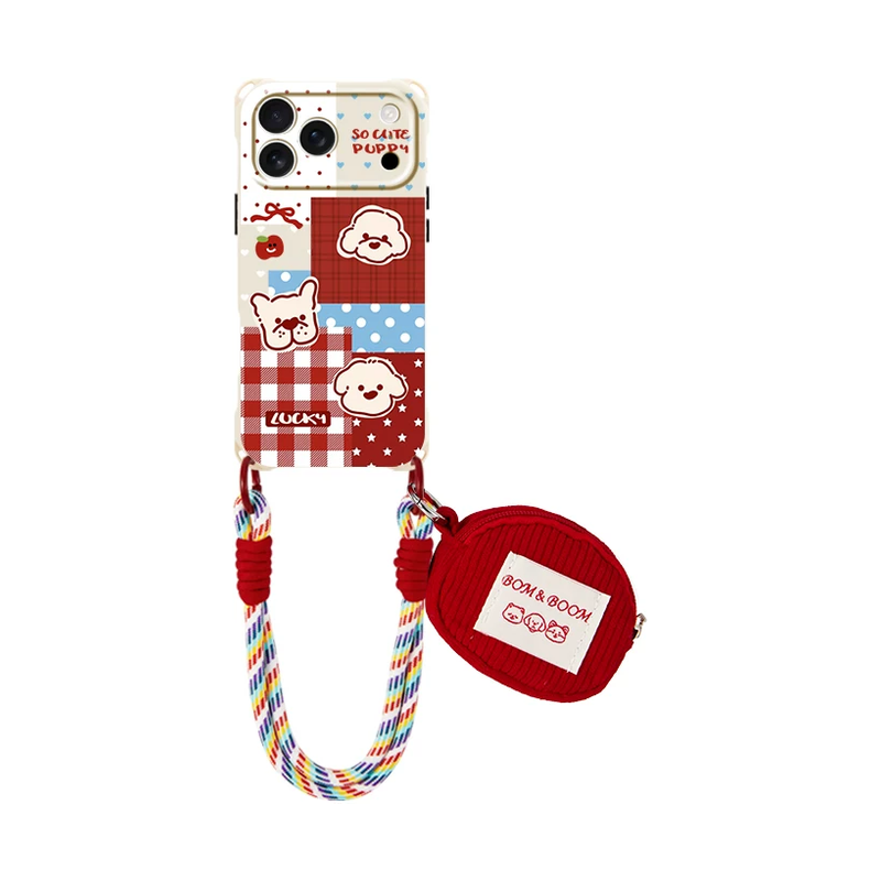 レッド パッチワークドッグ柄+ショートストラップ+ミニポーチのアニマルパッチワーク iPhoneケース 白背景商品画像