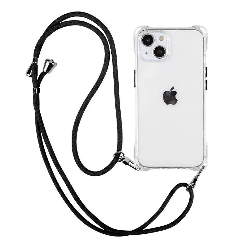 クリアのショルダーストラップ付きiPhoneケース 白背景