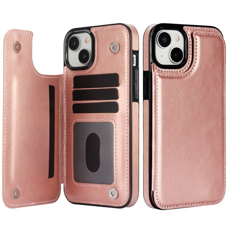 ローズゴールドのレザー調iPhoneケース 背面カード収納・スタンド機能付き