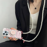 ピンクリボン iPhone ケース ロングパールチェーン 斜めがけ ショルダーストラップ フェミニン 韓国 モデル着用