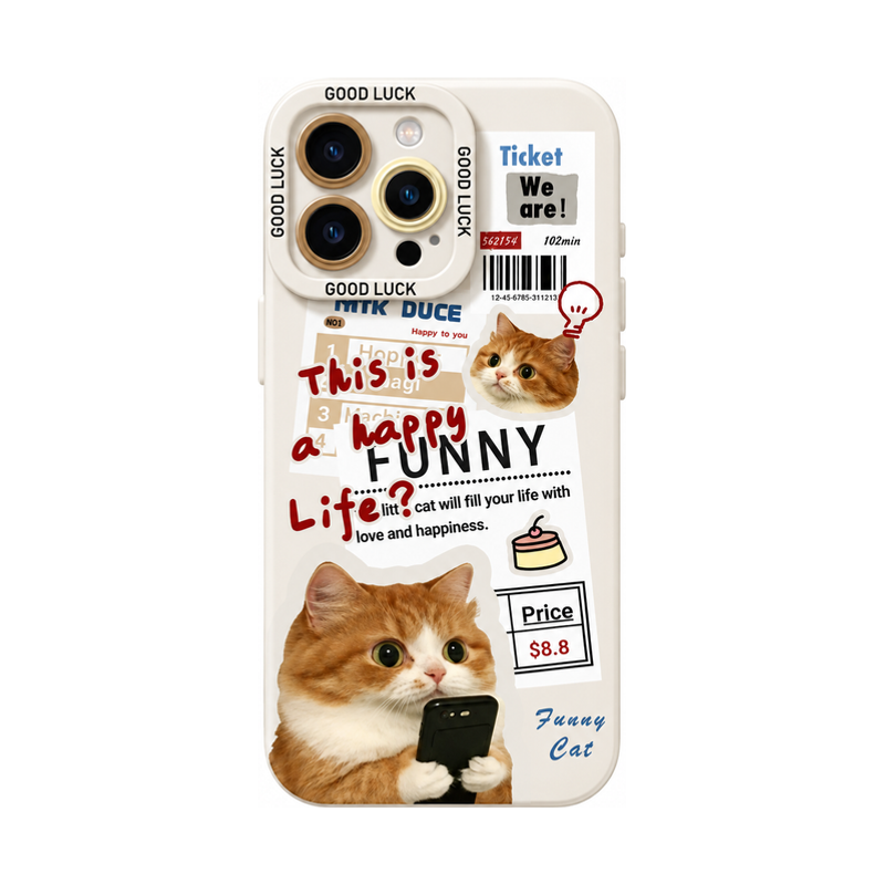 アイボリー キャットAのニュースペーパーキャット柄 iPhoneケース、実物の柄と付属品の参考画像