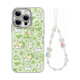 アップルキャット柄+ストラップ(2点セット)の猫と犬柄 メタリック iPhoneケース、実物の柄と付属品の参考画像