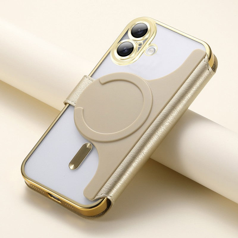 ゴールドのMagSafe手帳型iPhoneケース クリア背面・カード収納・スタンド付き