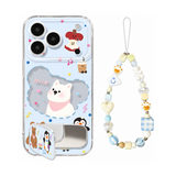 アニマル柄+ミラースタンド+ストラップ(3点セット)の犬とりんご柄 クリア iPhoneケース、実物の柄と付属品の参考画像