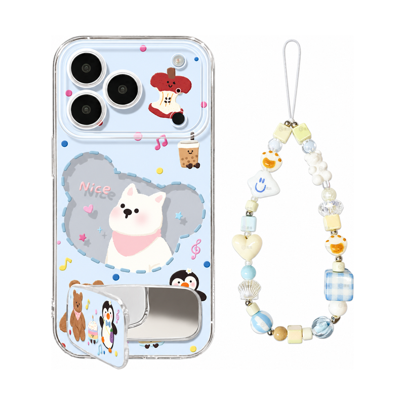 アニマル柄+ミラースタンド+ストラップ(3点セット)の犬とりんご柄 クリア iPhoneケース、実物の柄と付属品の参考画像